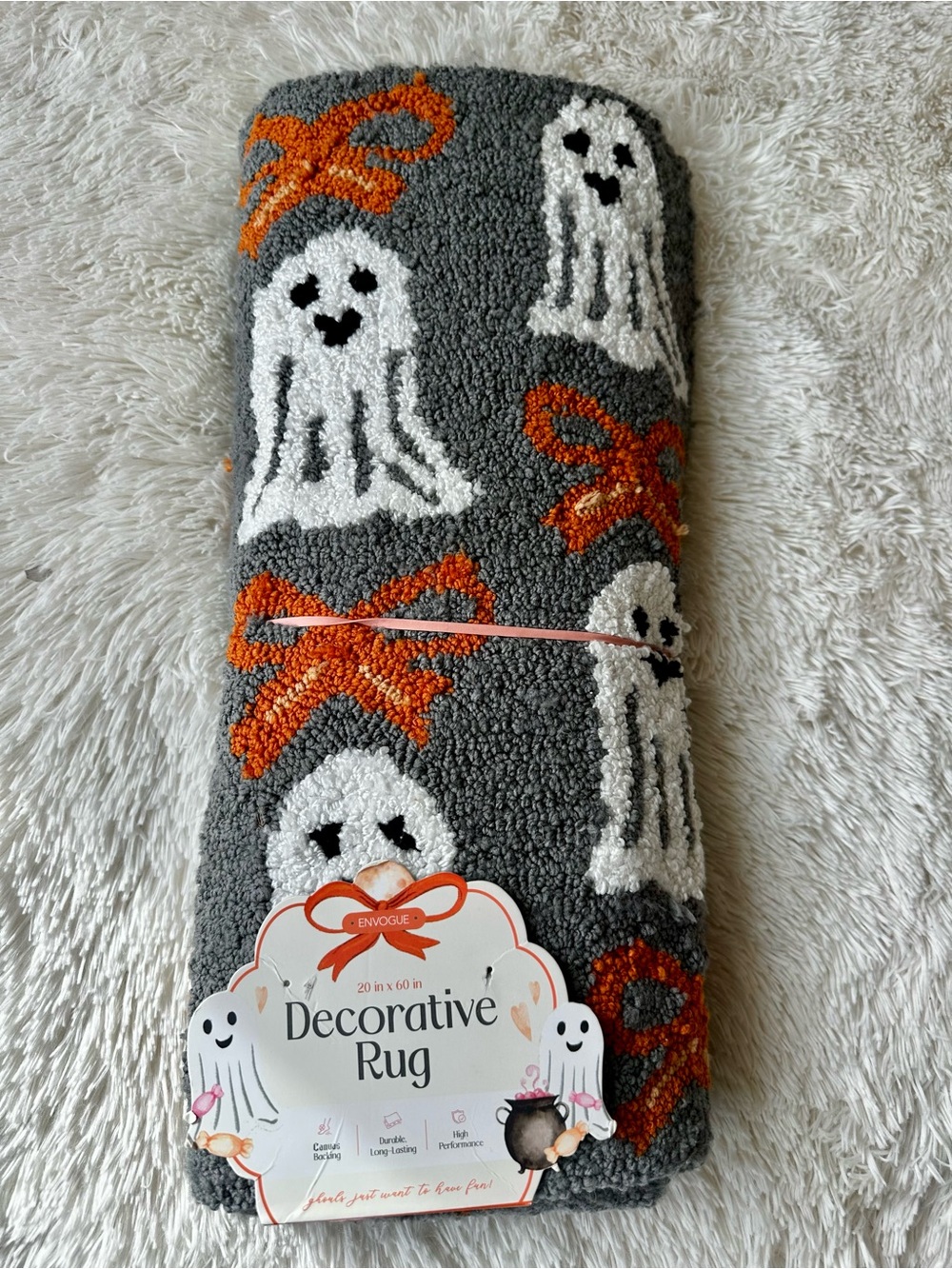 ENVOGUE Halloween Ghost Bow Runner Rug Gray Orange 20x60 NWT Spooky Decor Cute